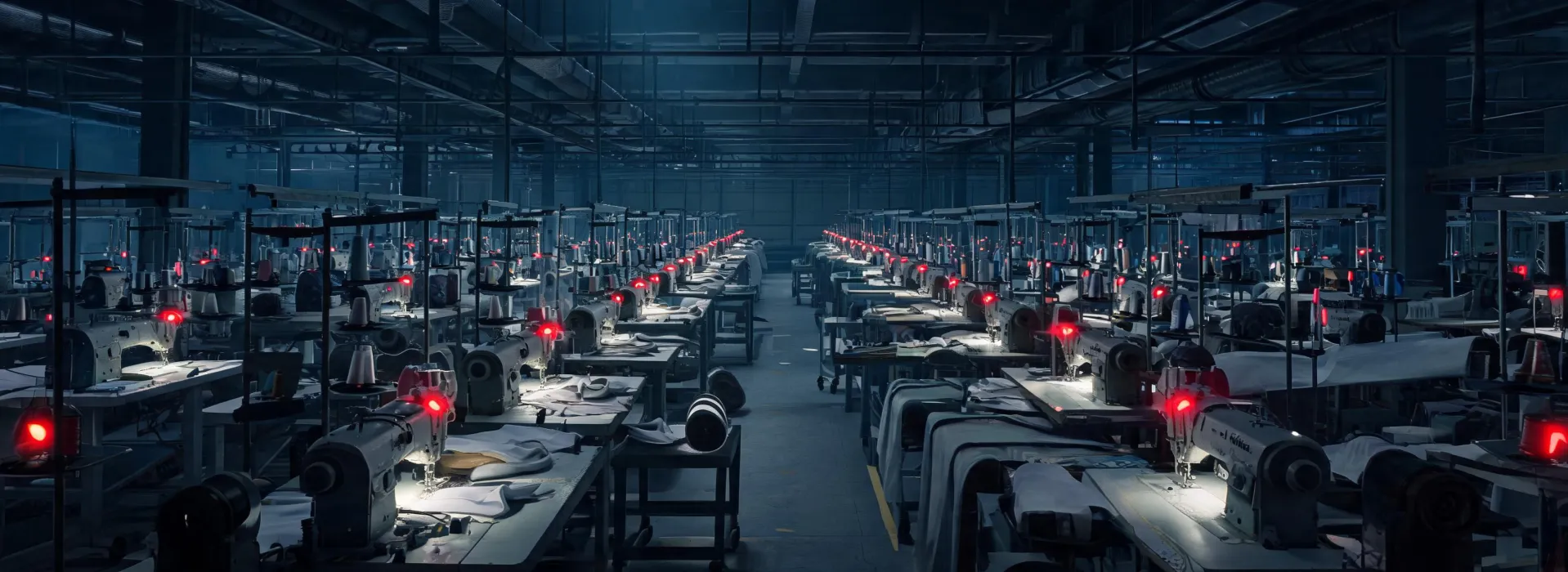 Precision industrial sewing workshop viewed across a moving production line