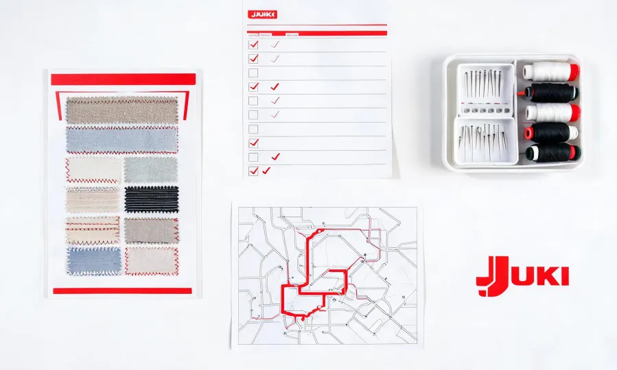 Technical inquiry desk with seam sample, machine checklist and regional routing map