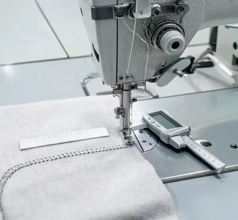 Application engineer reviewing needle area and seam sample at a sewing station