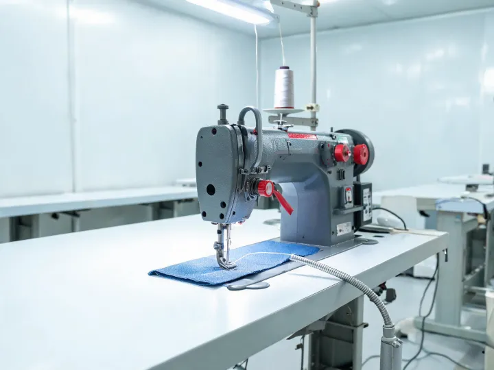 Industrial lockstitch sewing station with fabric under the needle